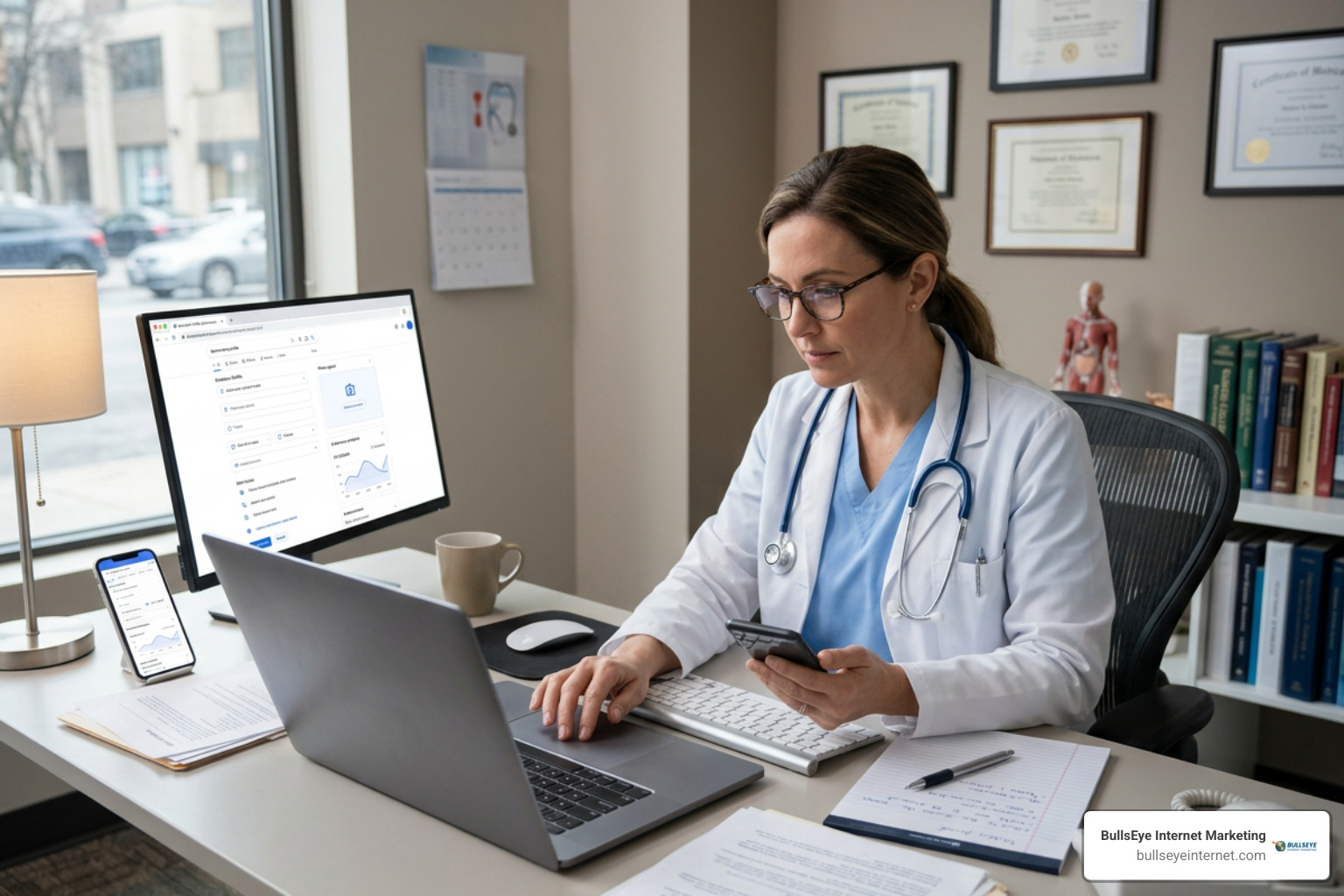 Doctor optimizing Google Business Profile on mobile and desktop Doctor optimizing Google Business Profile on mobile and desktop