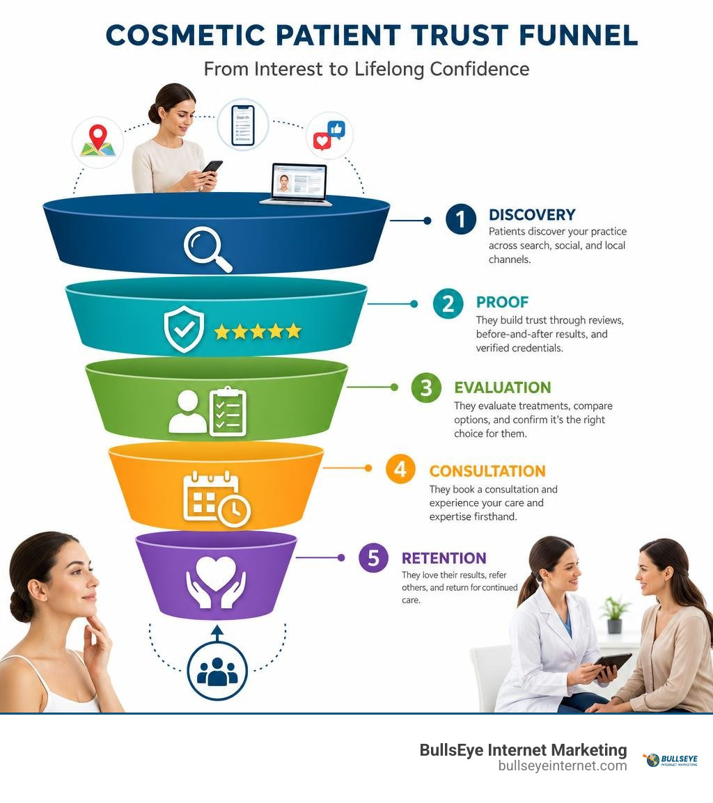 Cosmetic patient trust funnel: discovery, proof, evaluation, consultation, retention infographic Cosmetic patient trust funnel: discovery, proof, evaluation, consultation, retention infographic