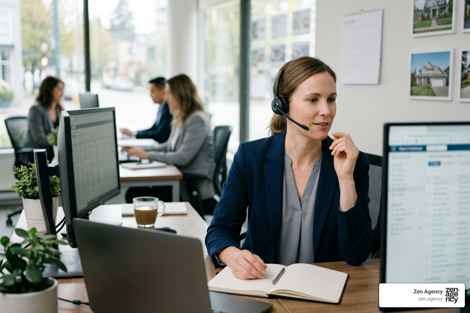Real estate agent handling phone objections calmly with a headset Real estate agent handling phone objections calmly with a headset