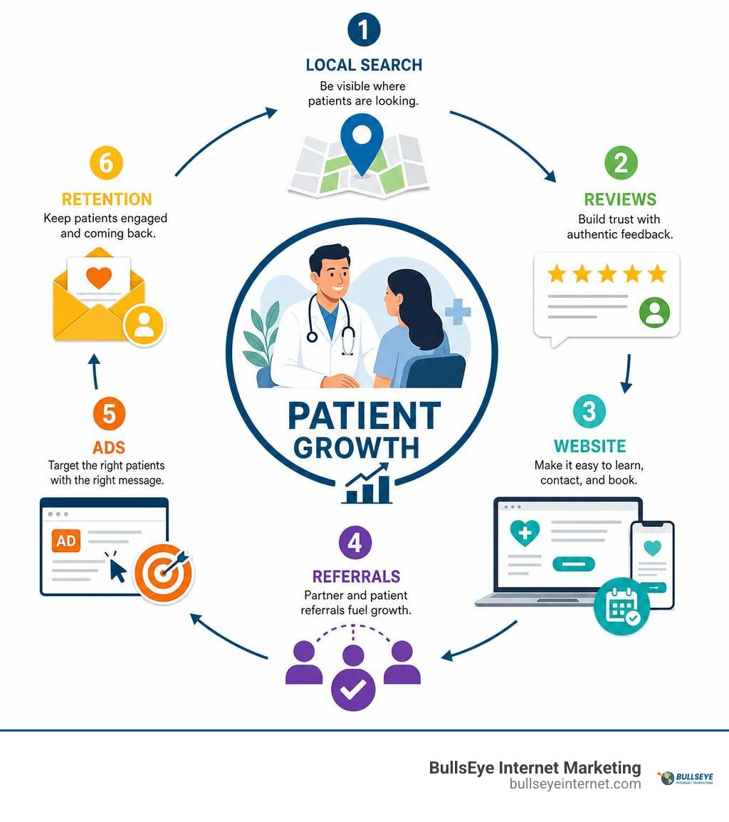 Infographic of local search, reviews, website, referrals, ads, and retention for patient growth infographic Infographic of local search, reviews, website, referrals, ads, and retention for patient growth infographic