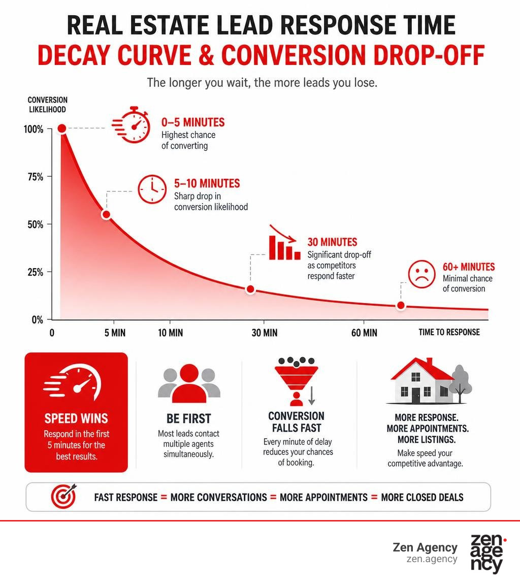 Real estate lead response time decay curve and conversion drop-off infographic Real estate lead response time decay curve and conversion drop-off infographic