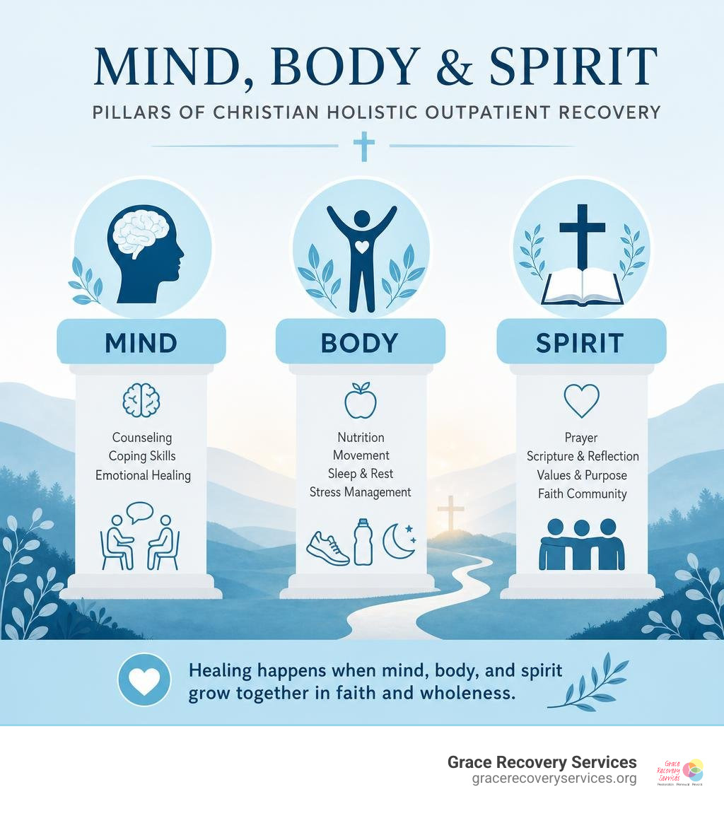 Mind body and spirit pillars of Christian holistic outpatient recovery infographic Mind body and spirit pillars of Christian holistic outpatient recovery infographic