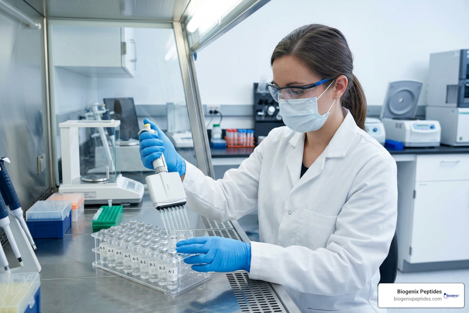 researcher handling peptide vials under clean laboratory conditions researcher handling peptide vials under clean laboratory conditions