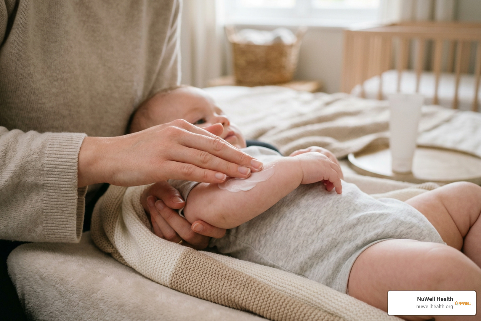 Applying natural gentle emollient cream to infant skin