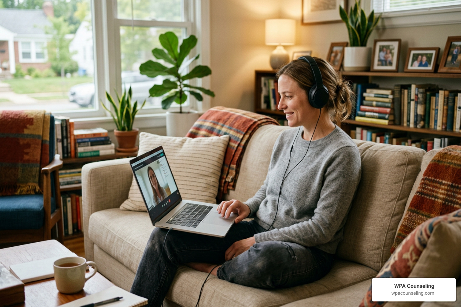 client participating in a secure online therapy session from home client participating in a secure online therapy session from home