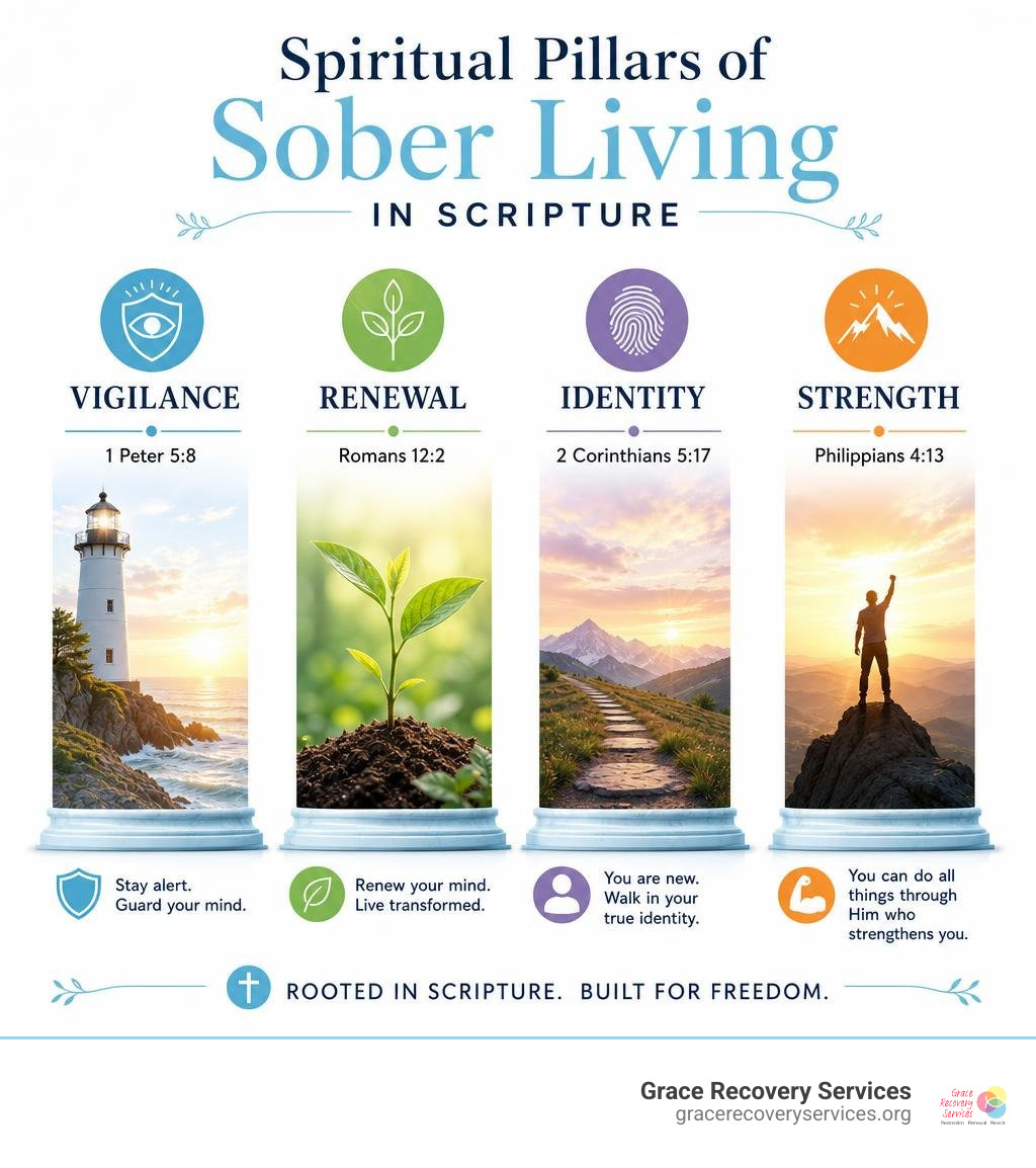 Spiritual pillars of sober living in scripture: vigilance, renewal, identity, and strength infographic