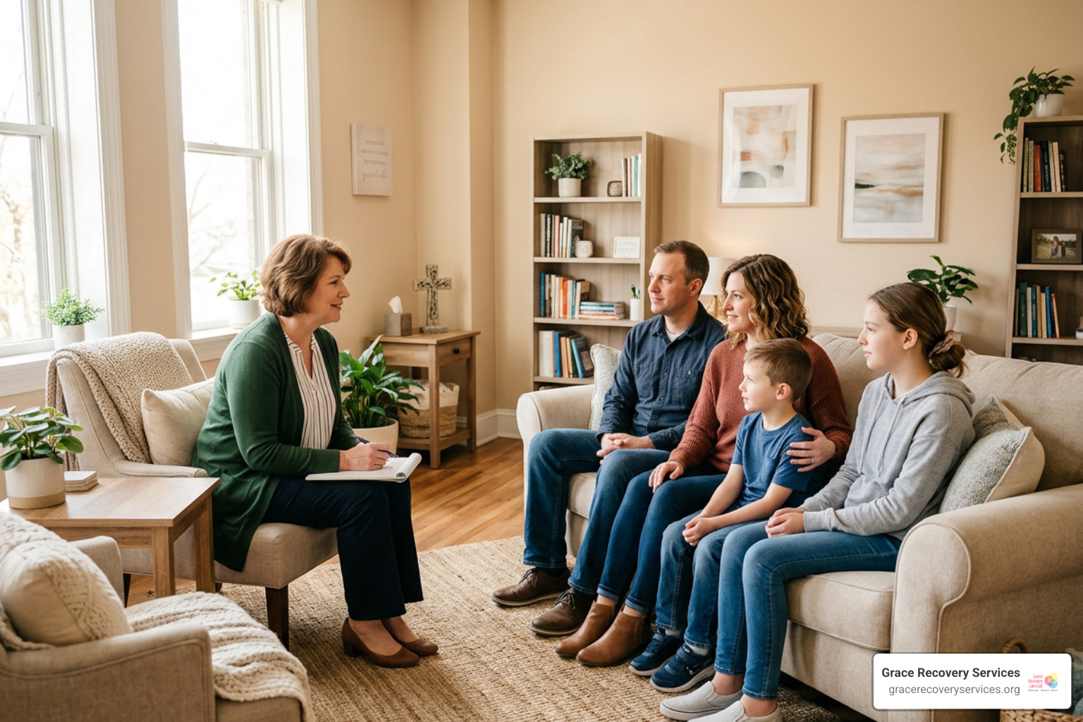 Counselor engaging in supportive outpatient therapy with a family Counselor engaging in supportive outpatient therapy with a family