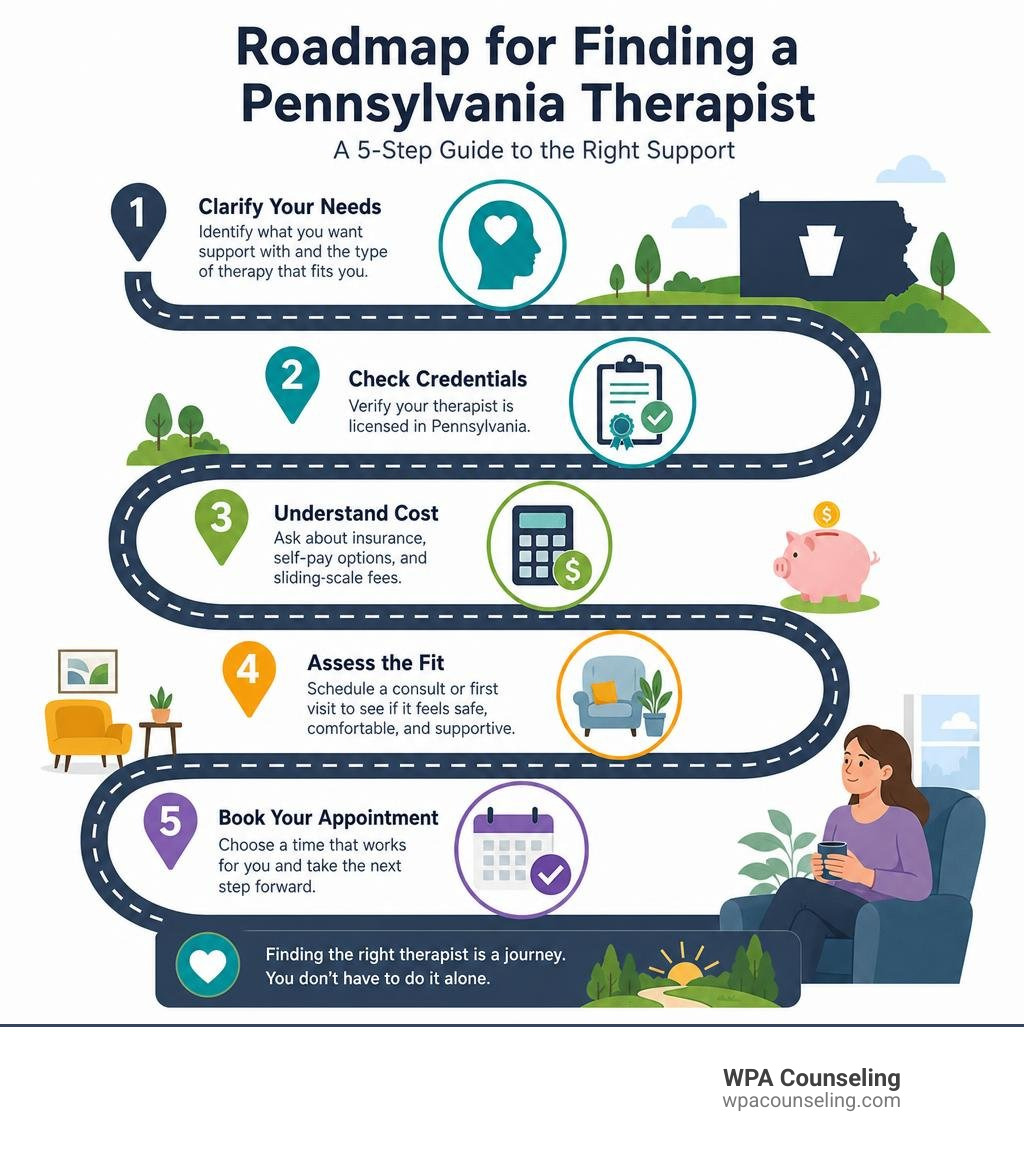 Roadmap for finding a Pennsylvania therapist: needs, credentials, cost, fit, appointment infographic Roadmap for finding a Pennsylvania therapist: needs, credentials, cost, fit, appointment infographic