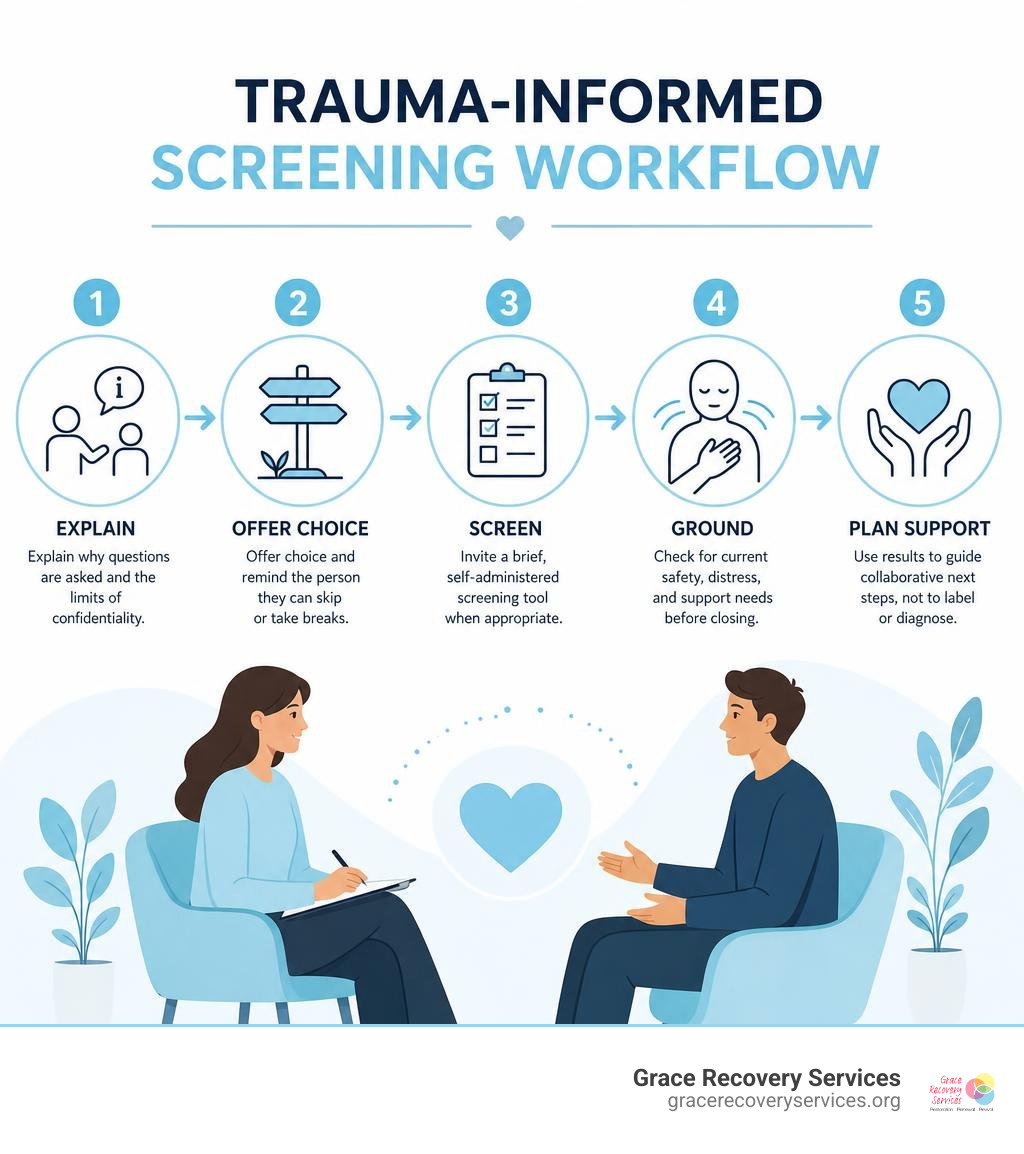 Trauma-informed screening workflow: explain, offer choice, screen, ground, plan support infographic