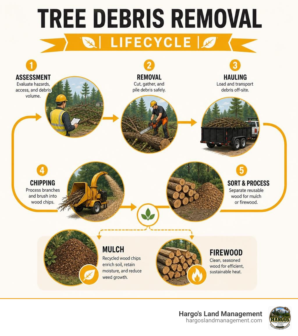 Tree debris removal lifecycle from assessment to hauling chipping mulch and firewood infographic Tree debris removal lifecycle from assessment to hauling chipping mulch and firewood infographic