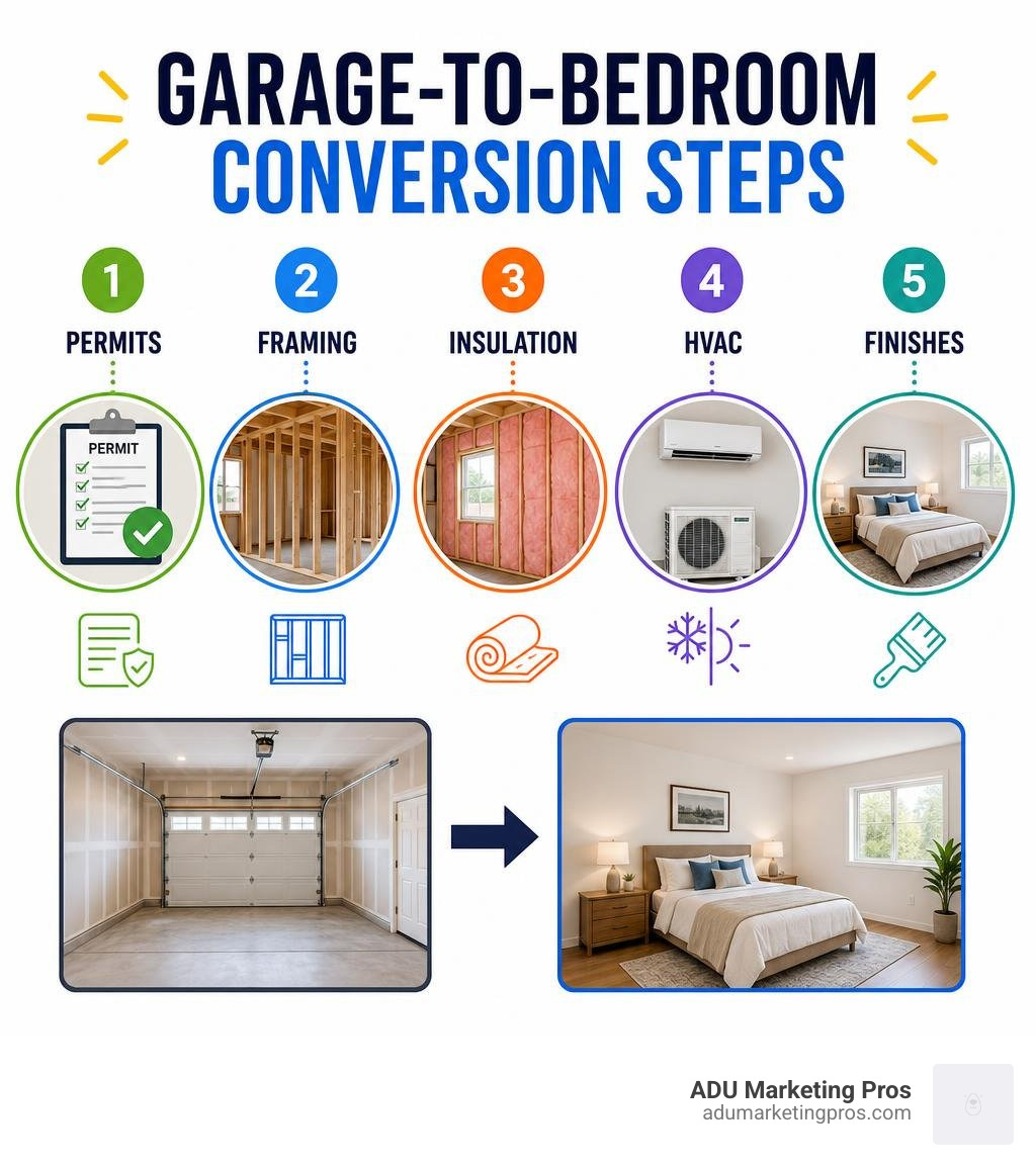 Garage-to-bedroom conversion steps: permits, framing, insulation, HVAC, finishes infographic