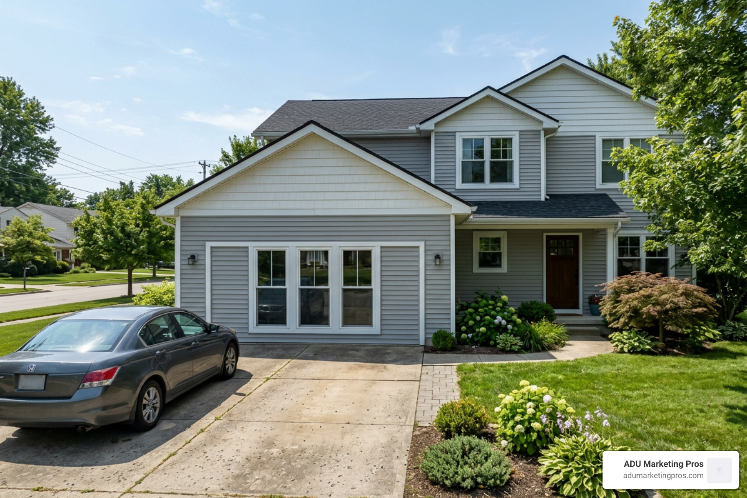 Exterior view of garage door infill with matching siding and large windows