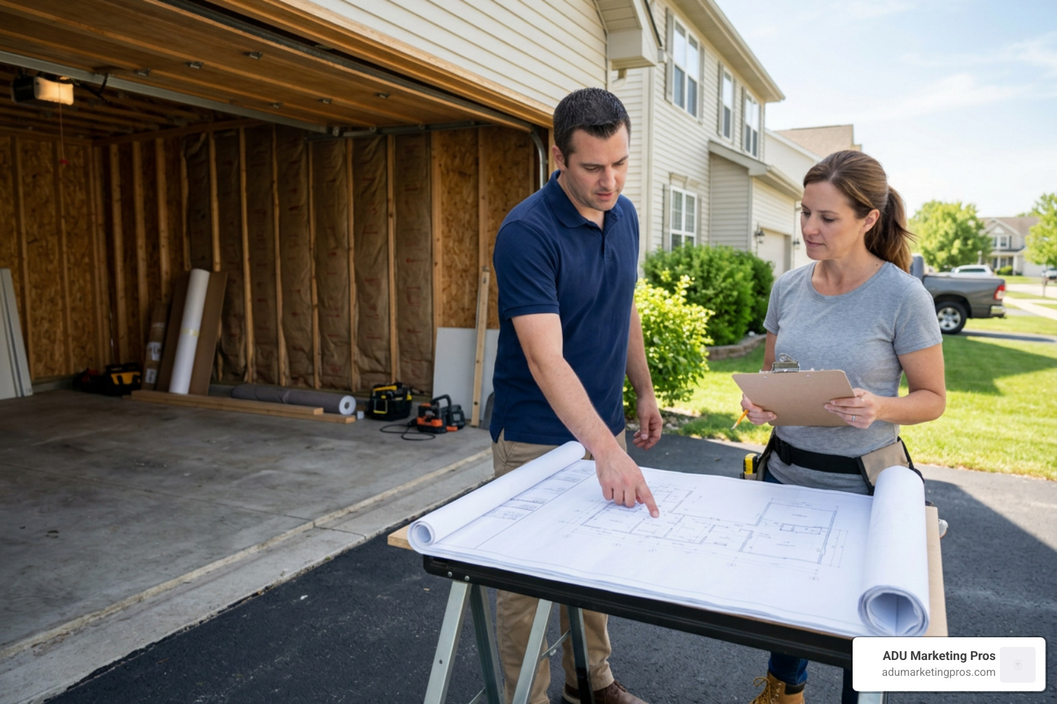 Homeowner and licensed contractor reviewing architectural garage conversion blueprints