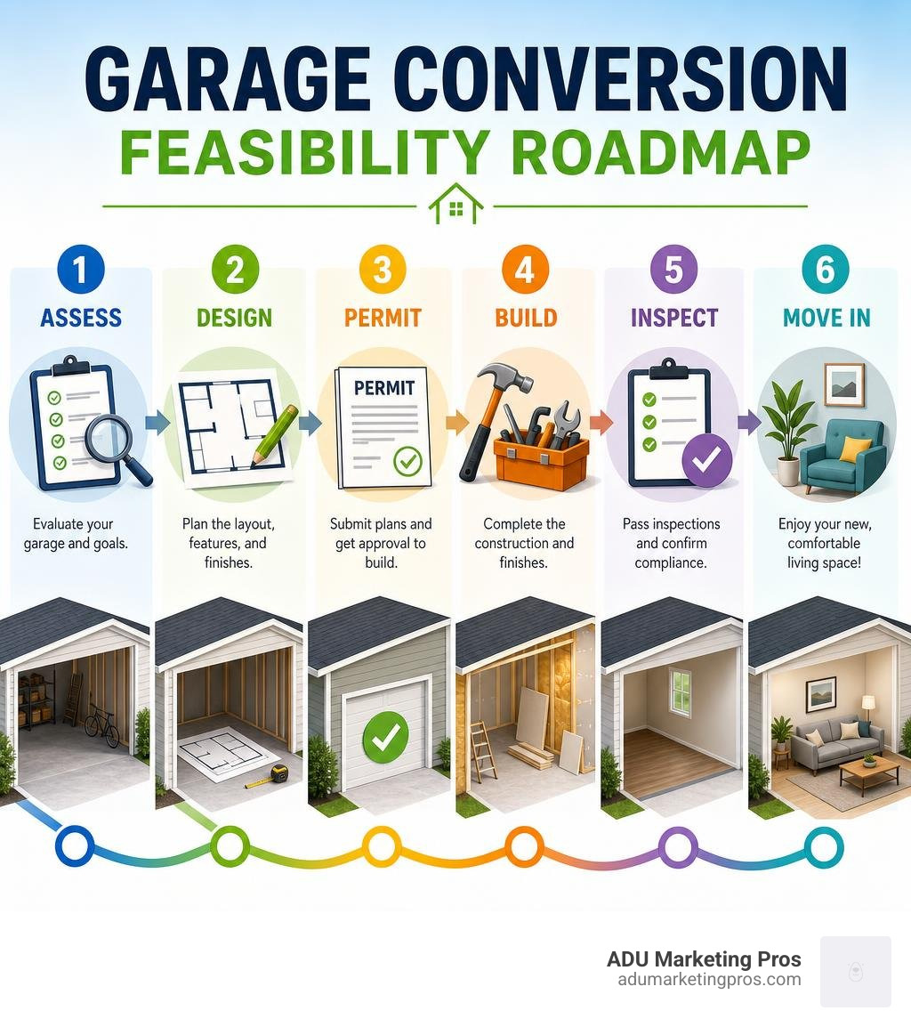 Garage conversion feasibility roadmap: assess, design, permit, build, inspect, move in infographic