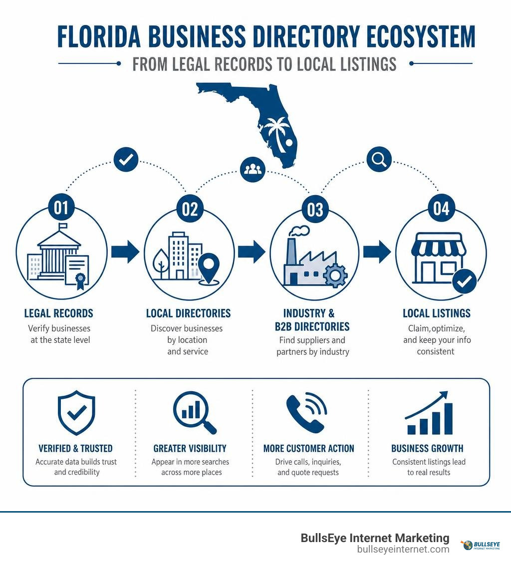 Florida business directory ecosystem from legal records to local listings infographic