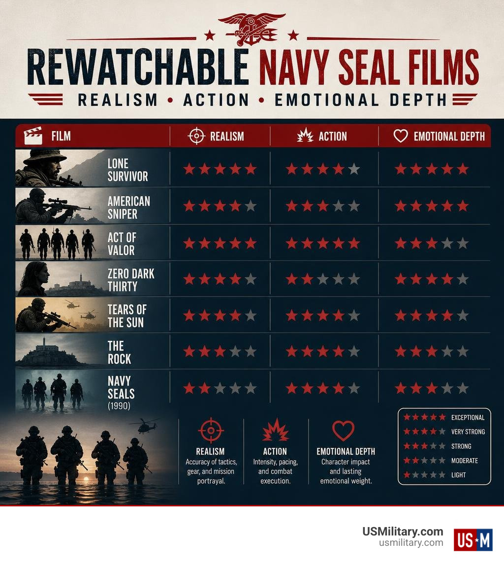 Infographic comparing rewatchable Navy SEAL films by realism action and emotional depth infographic