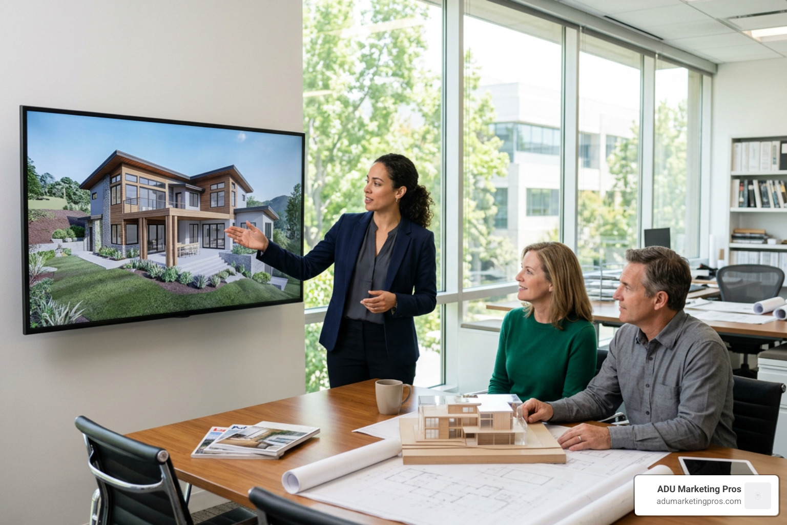 Architect presenting 3D digital renderings to estate homeowners