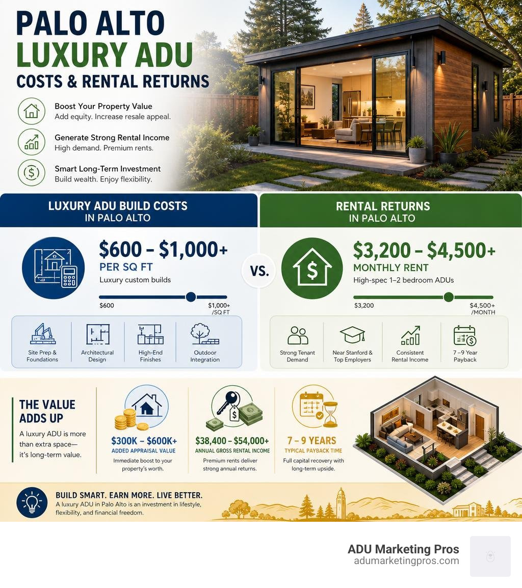 Infographic comparing Palo Alto luxury ADU build costs and rental returns infographic