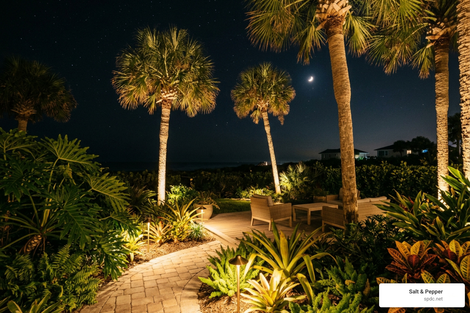 marine-grade brass landscape lighting illuminating palm trees marine-grade brass landscape lighting illuminating palm trees