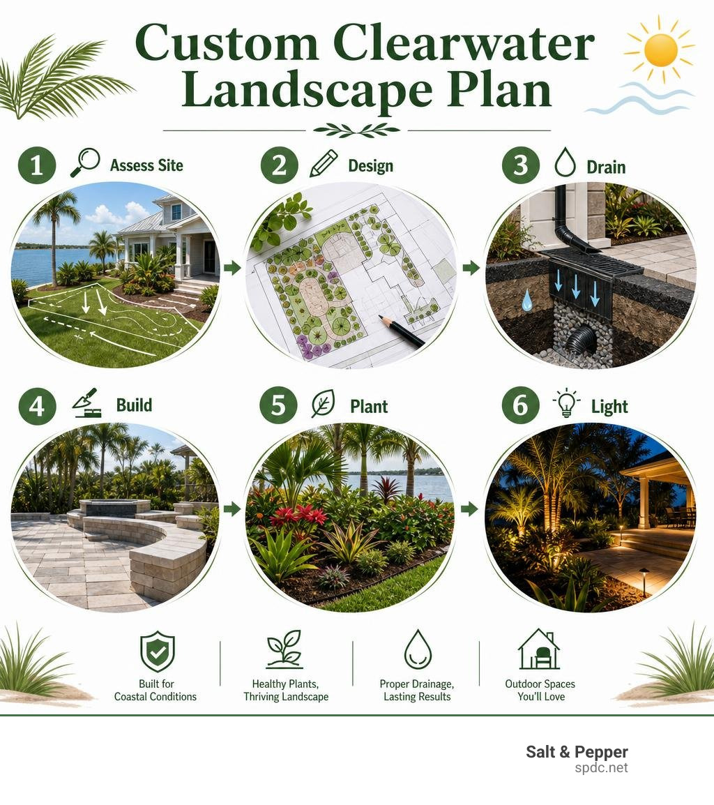 Custom Clearwater landscape plan: assess site, design, drain, build, plant, light infographic Custom Clearwater landscape plan: assess site, design, drain, build, plant, light infographic