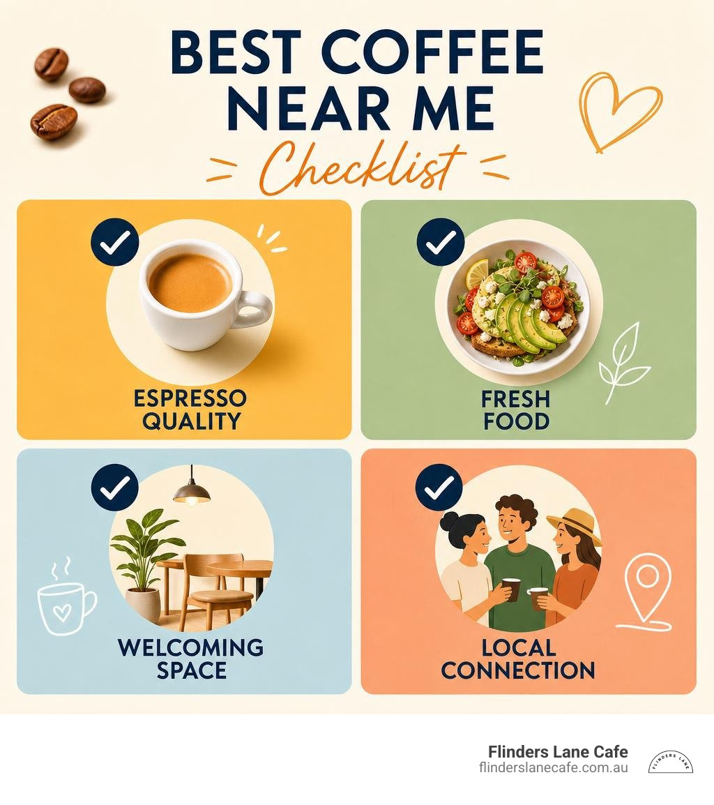 Best coffee near me checklist: espresso quality, fresh food, welcoming space, local connection infographic
