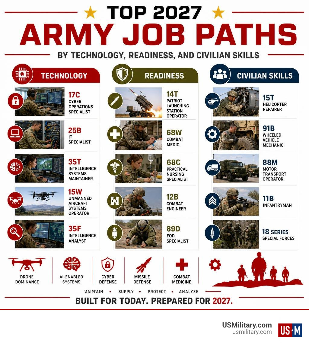 Infographic comparing top 2027 Army job paths by technology, readiness, and civilian skills infographic Infographic comparing top 2027 Army job paths by technology, readiness, and civilian skills infographic