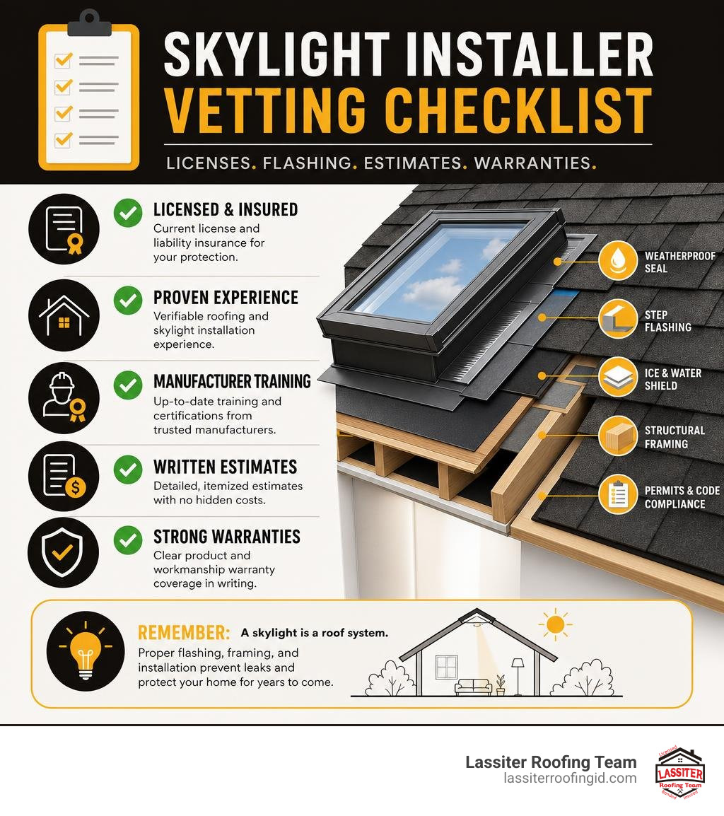 Skylight installer vetting checklist for licenses, flashing, estimates, and warranties infographic Skylight installer vetting checklist for licenses, flashing, estimates, and warranties infographic