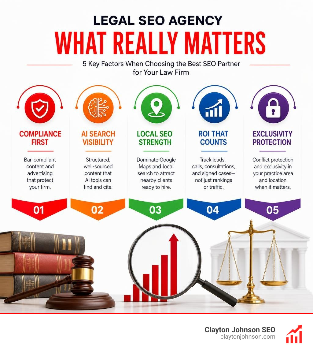 Infographic comparing legal SEO agency selection factors: compliance, AI visibility, local SEO, ROI, exclusivity infographic