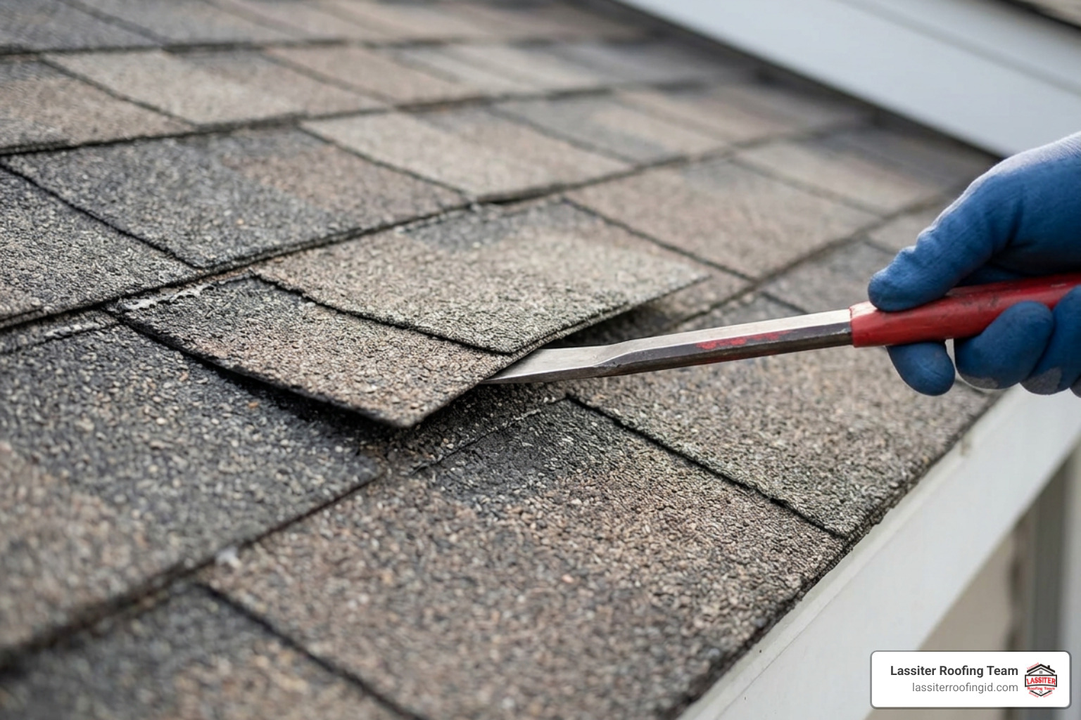 flat pry bar sliding under asphalt shingle