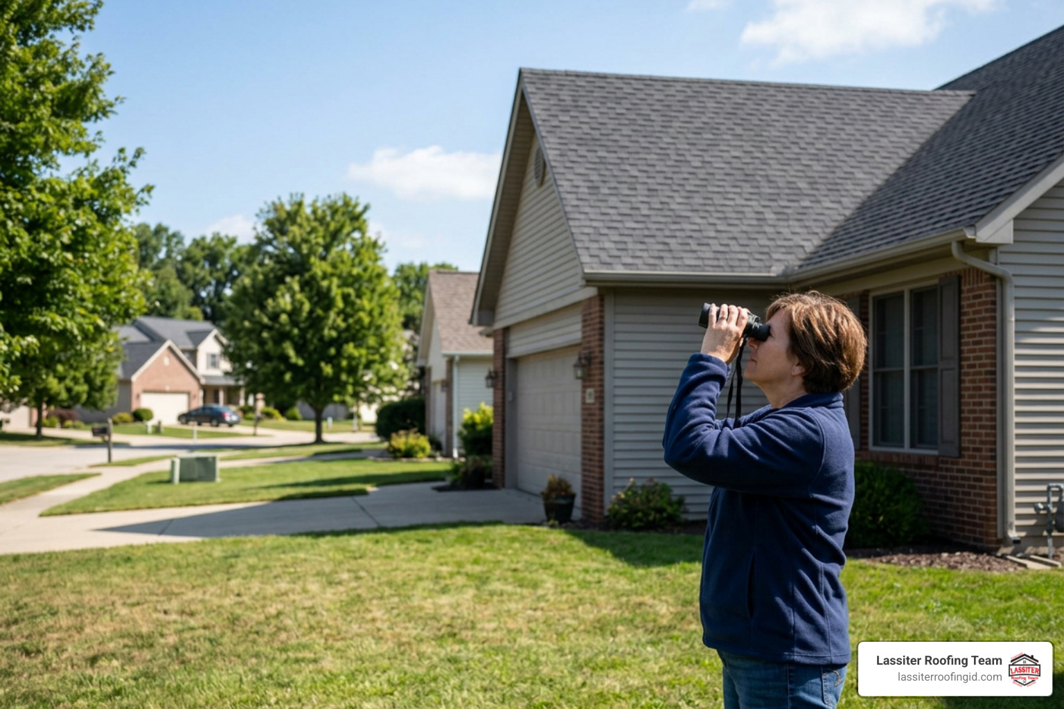 homeowner inspecting roof safely from ground level with binoculars