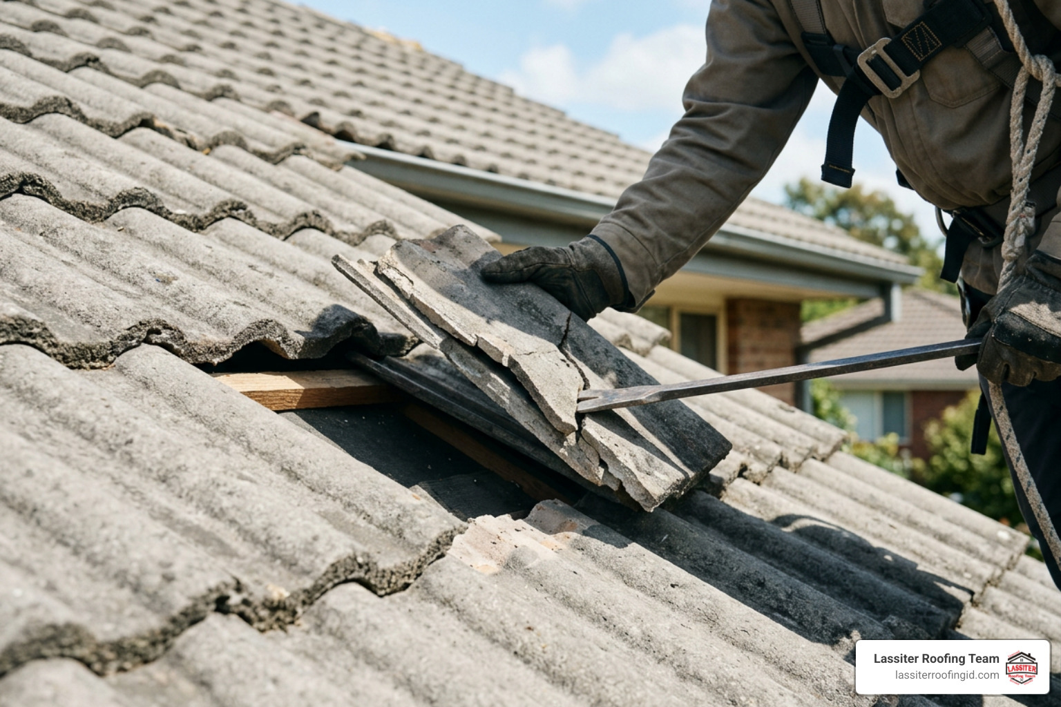removing a broken concrete tile on roof