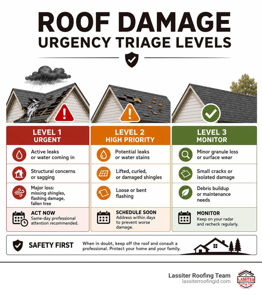 Roof damage urgency triage levels infographic