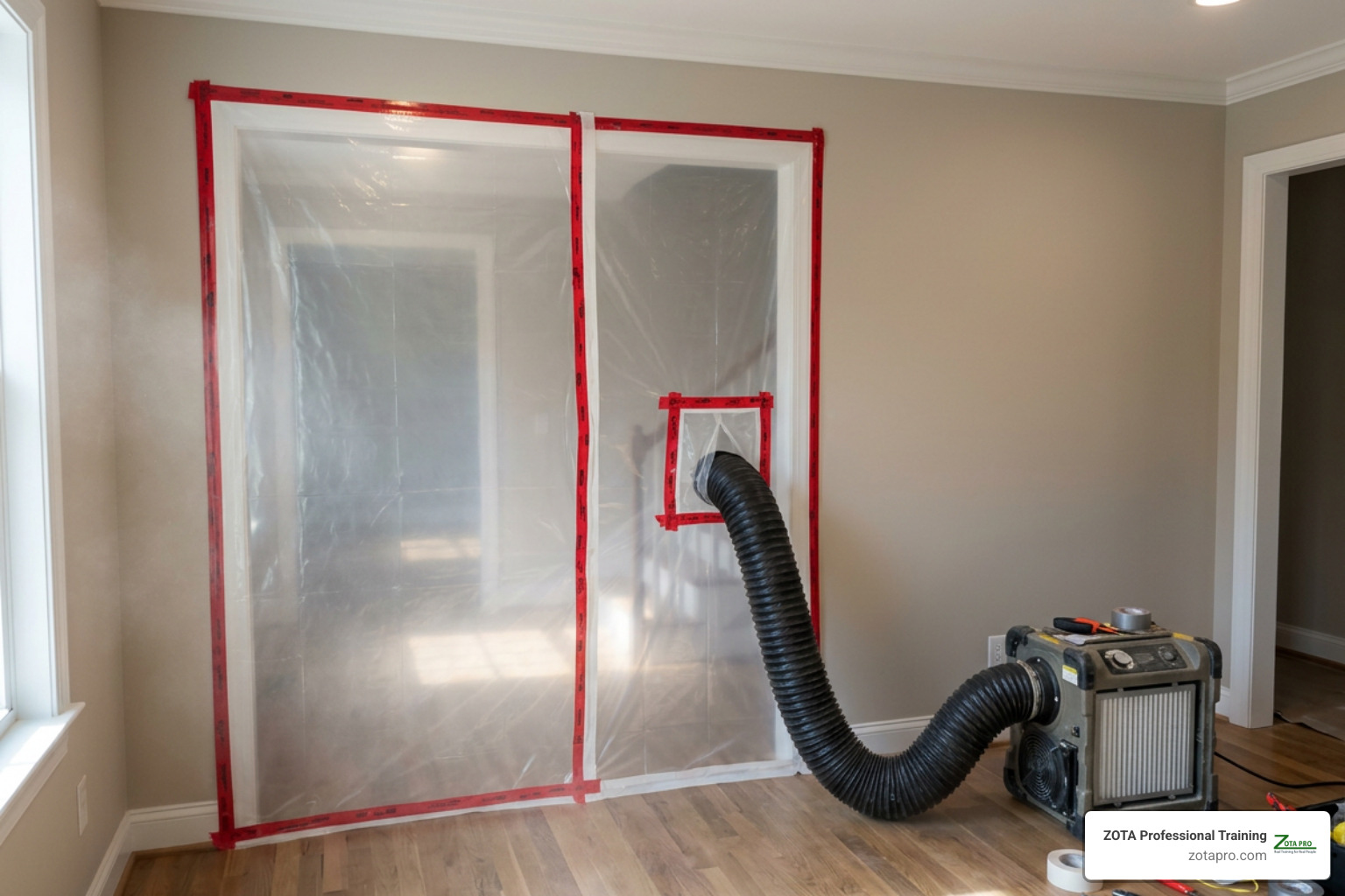 sealed plastic containment barrier with HEPA-filtered negative pressure exhaust unit sealed plastic containment barrier with HEPA-filtered negative pressure exhaust unit