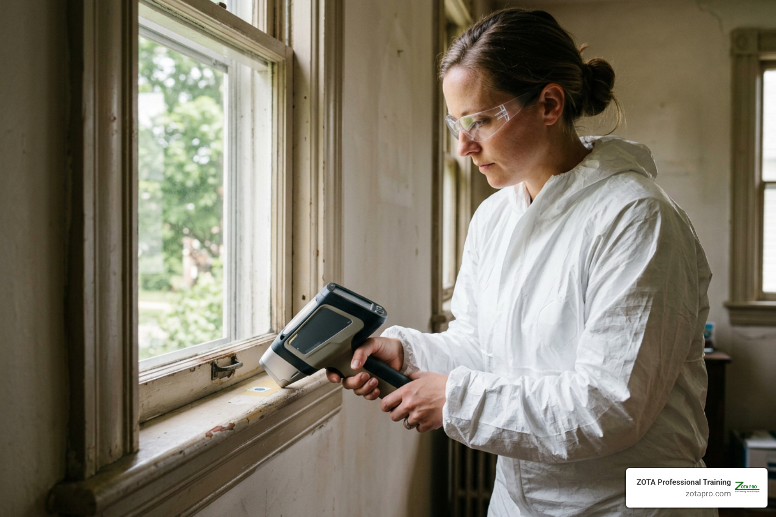 certified inspector conducting an XRF lead paint inspection on an interior window sill
