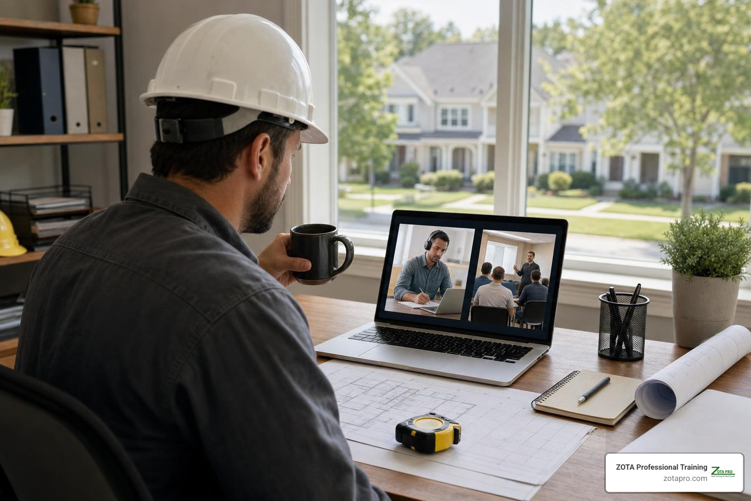 Remodeling contractor reviewing online and in-person training options on a laptop