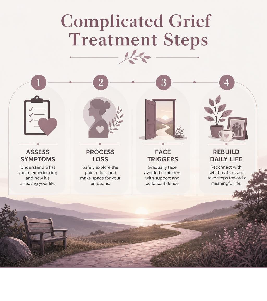 Complicated grief treatment steps: assess symptoms, process loss, face triggers, rebuild daily life infographic