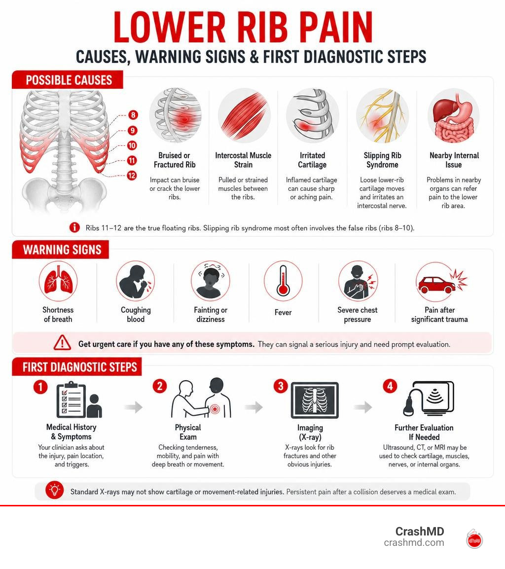 Infographic of lower rib pain causes, warning signs, and first diagnostic steps infographic