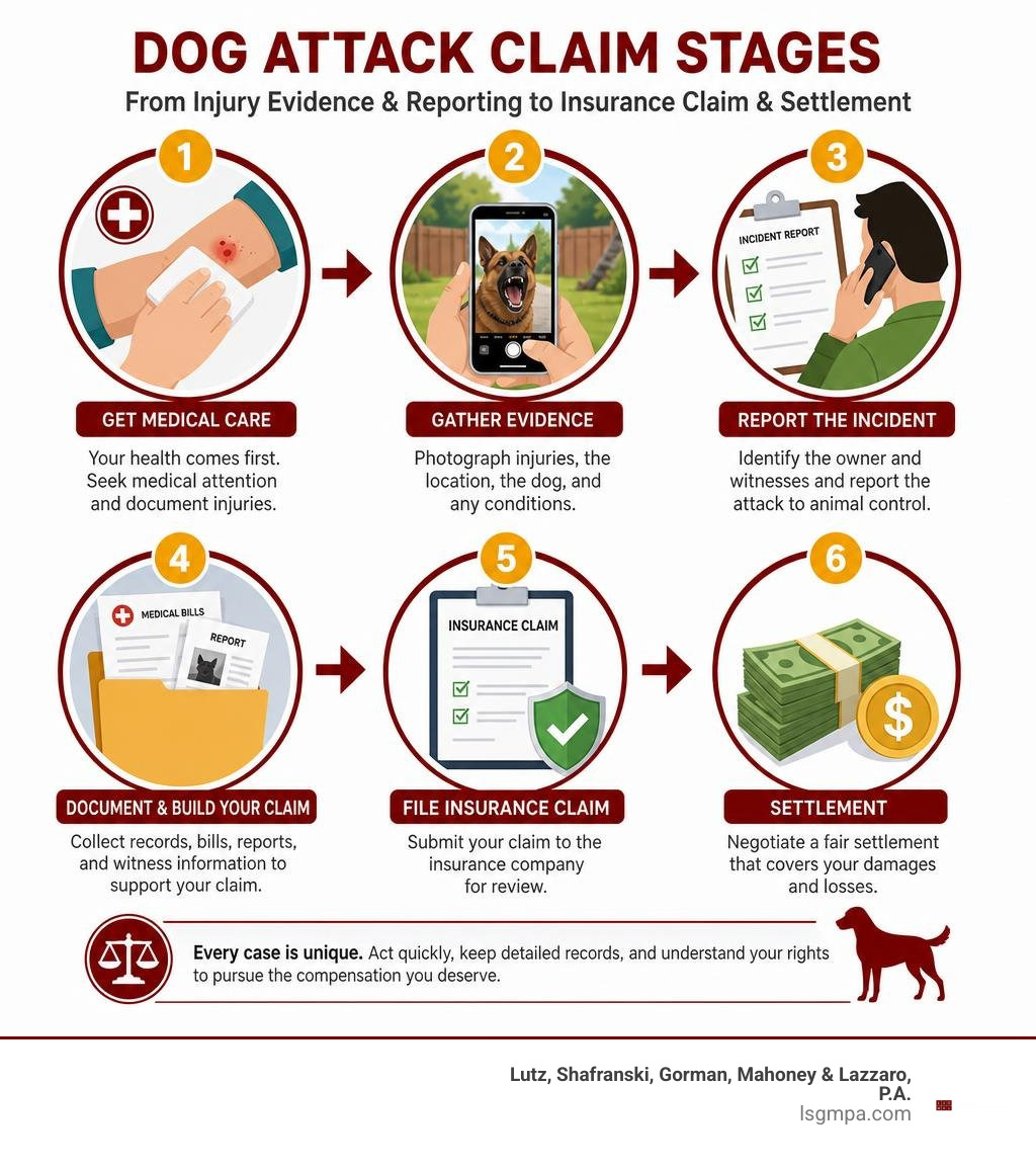 Dog attack claim stages from injury evidence and reporting to insurance claim and settlement infographic