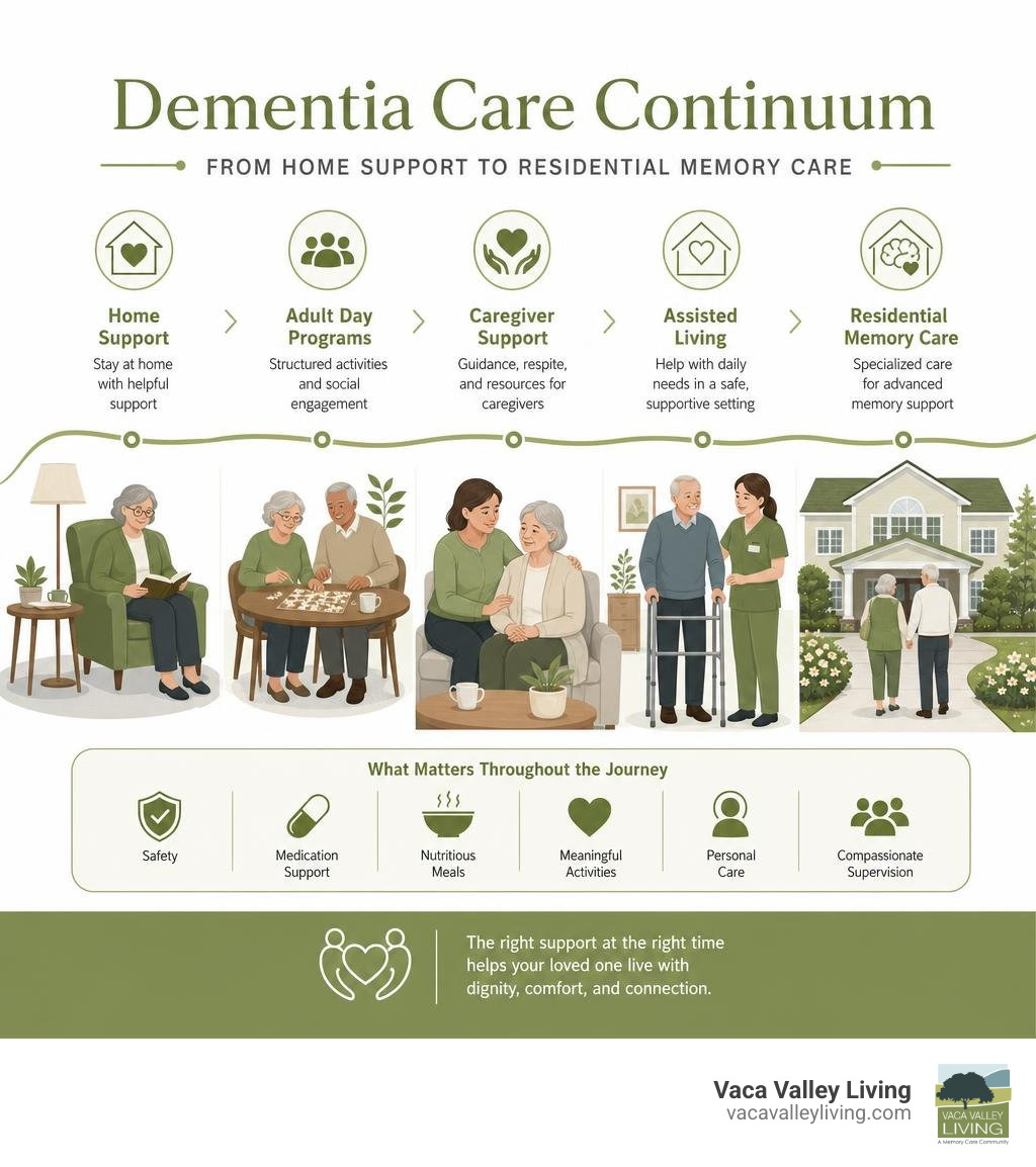 Dementia care continuum from home support to residential memory care infographic Dementia care continuum from home support to residential memory care infographic