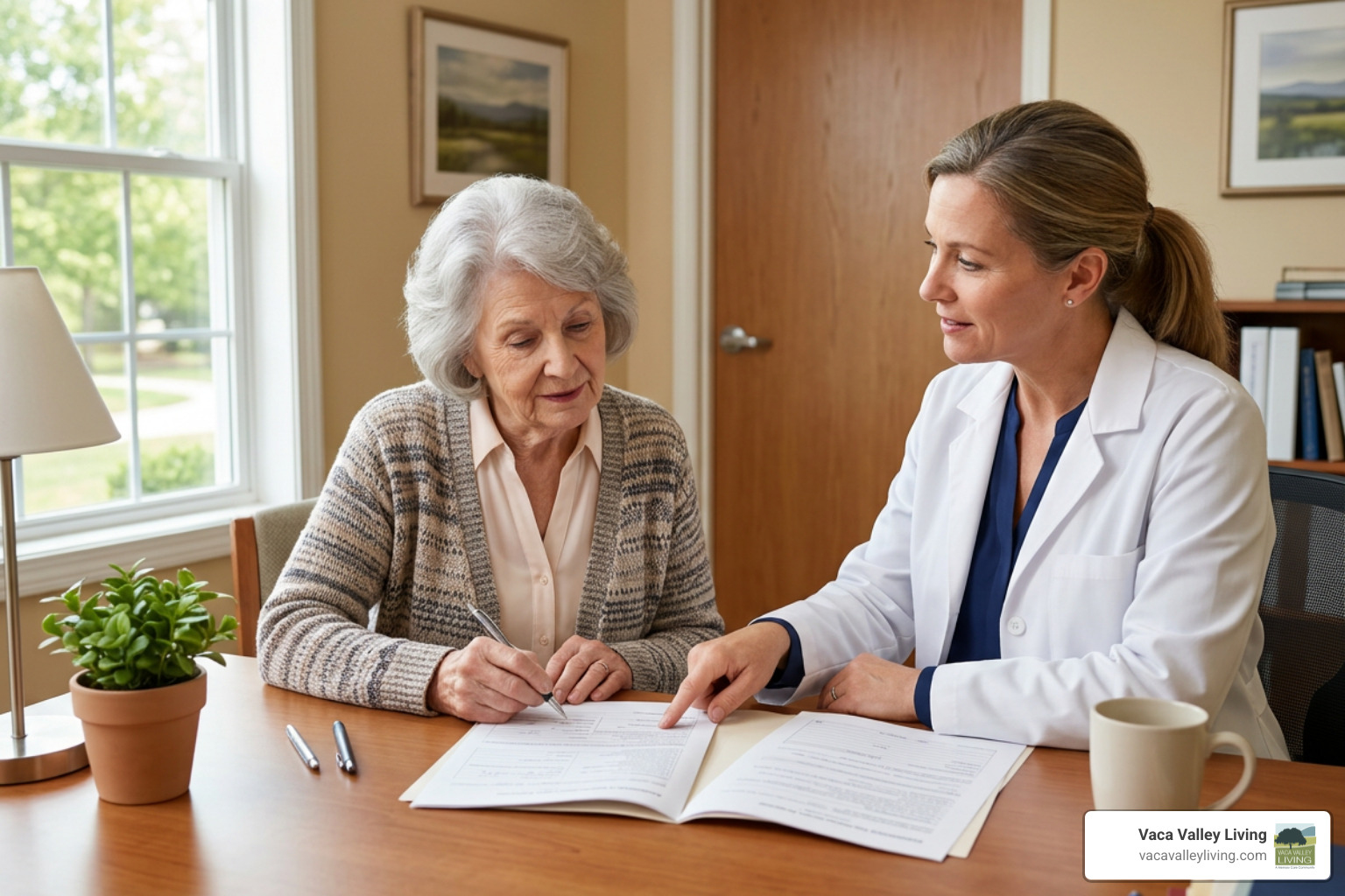 Senior and healthcare coordinator reviewing admission documents