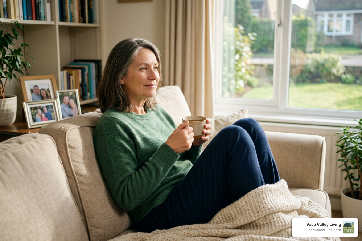 Caregiver finding peace of mind and rest while loved one is safely engaged Caregiver finding peace of mind and rest while loved one is safely engaged