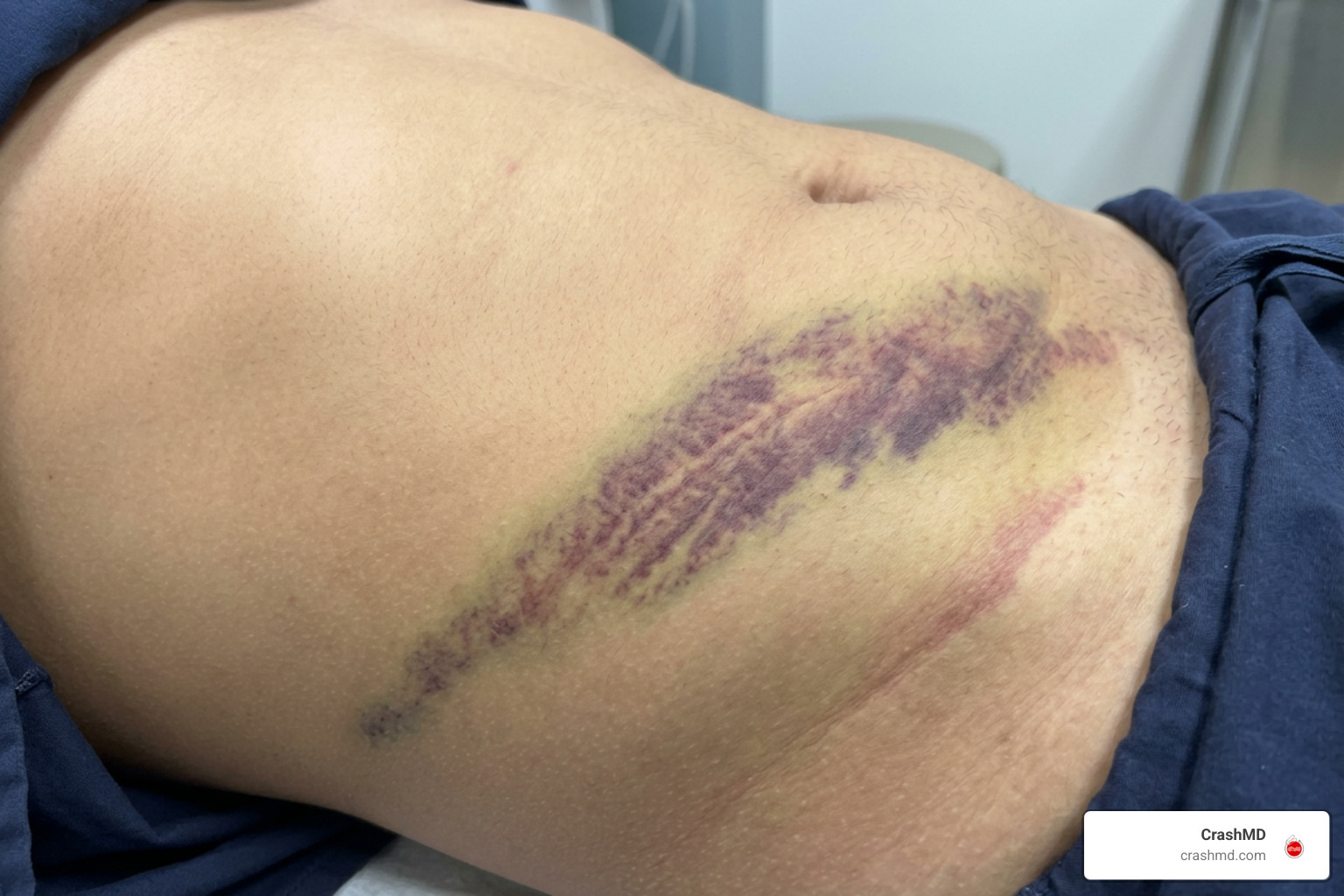 Seatbelt sign ecchymosis on abdomen indicating blunt force trauma Seatbelt sign ecchymosis on abdomen indicating blunt force trauma
