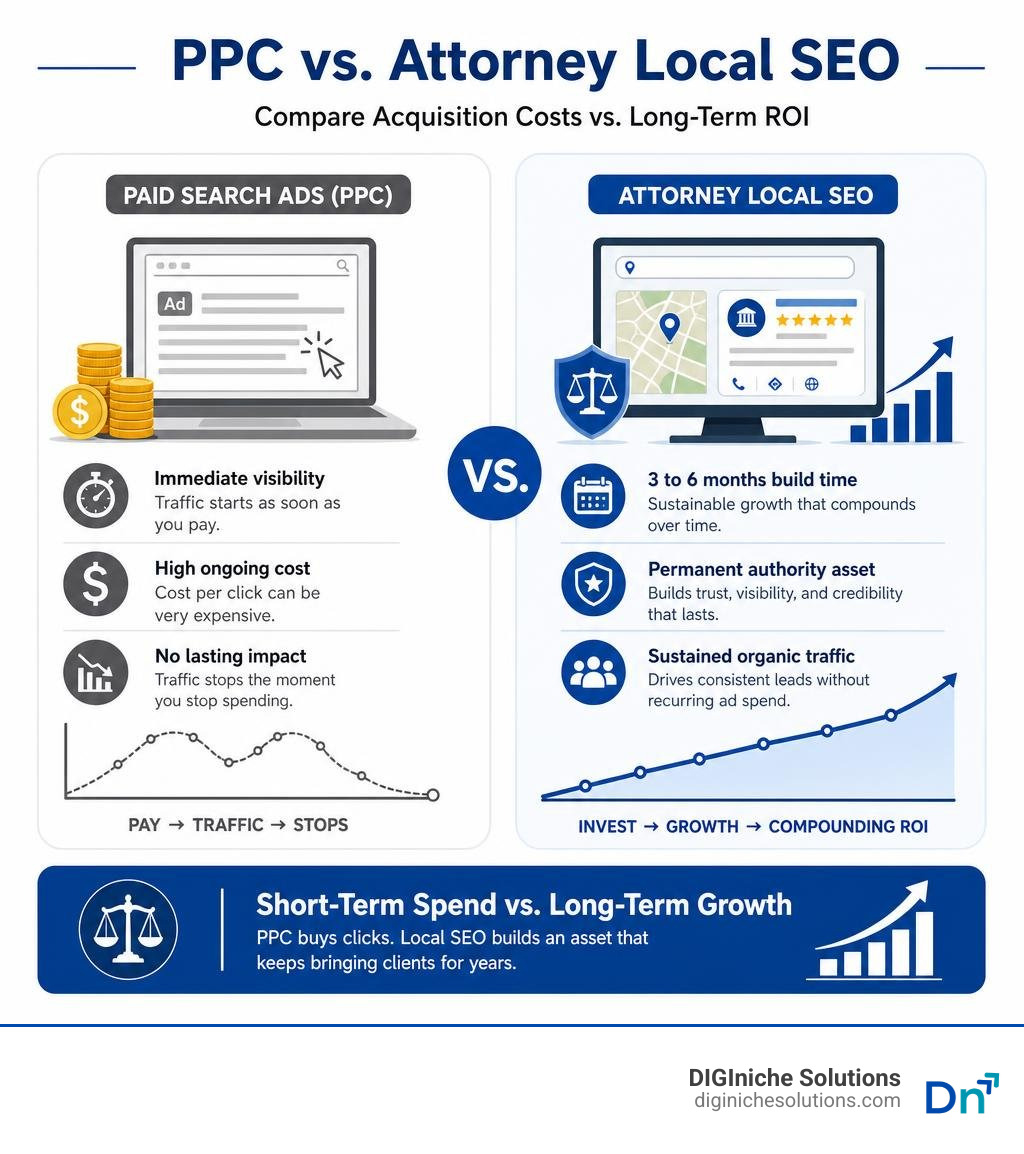 Infographic comparing PPC acquisition costs with long-term attorney local SEO ROI infographic