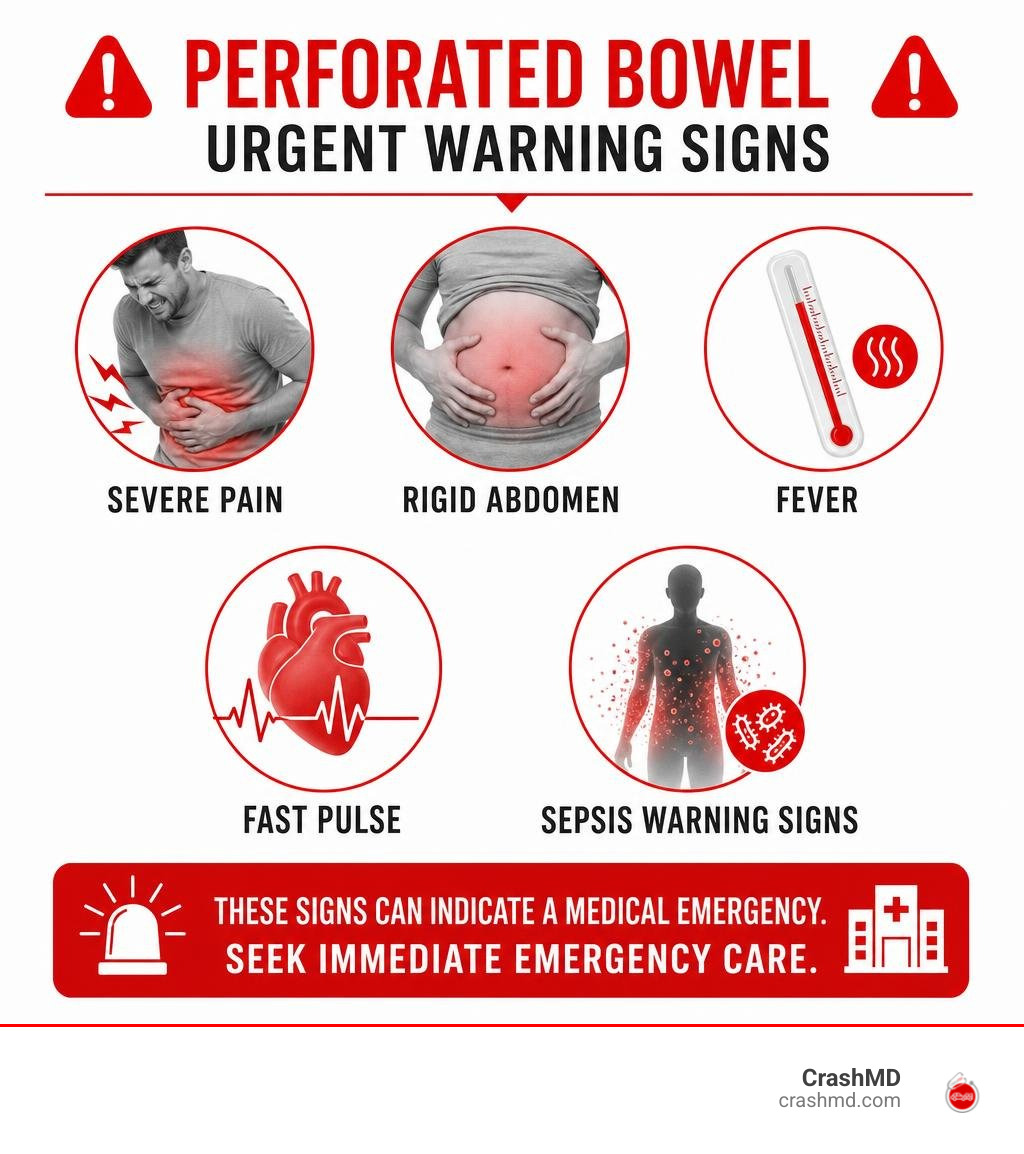 Infographic showing severe pain, rigid abdomen, fever, fast pulse, and sepsis warning signs infographic Infographic showing severe pain, rigid abdomen, fever, fast pulse, and sepsis warning signs infographic