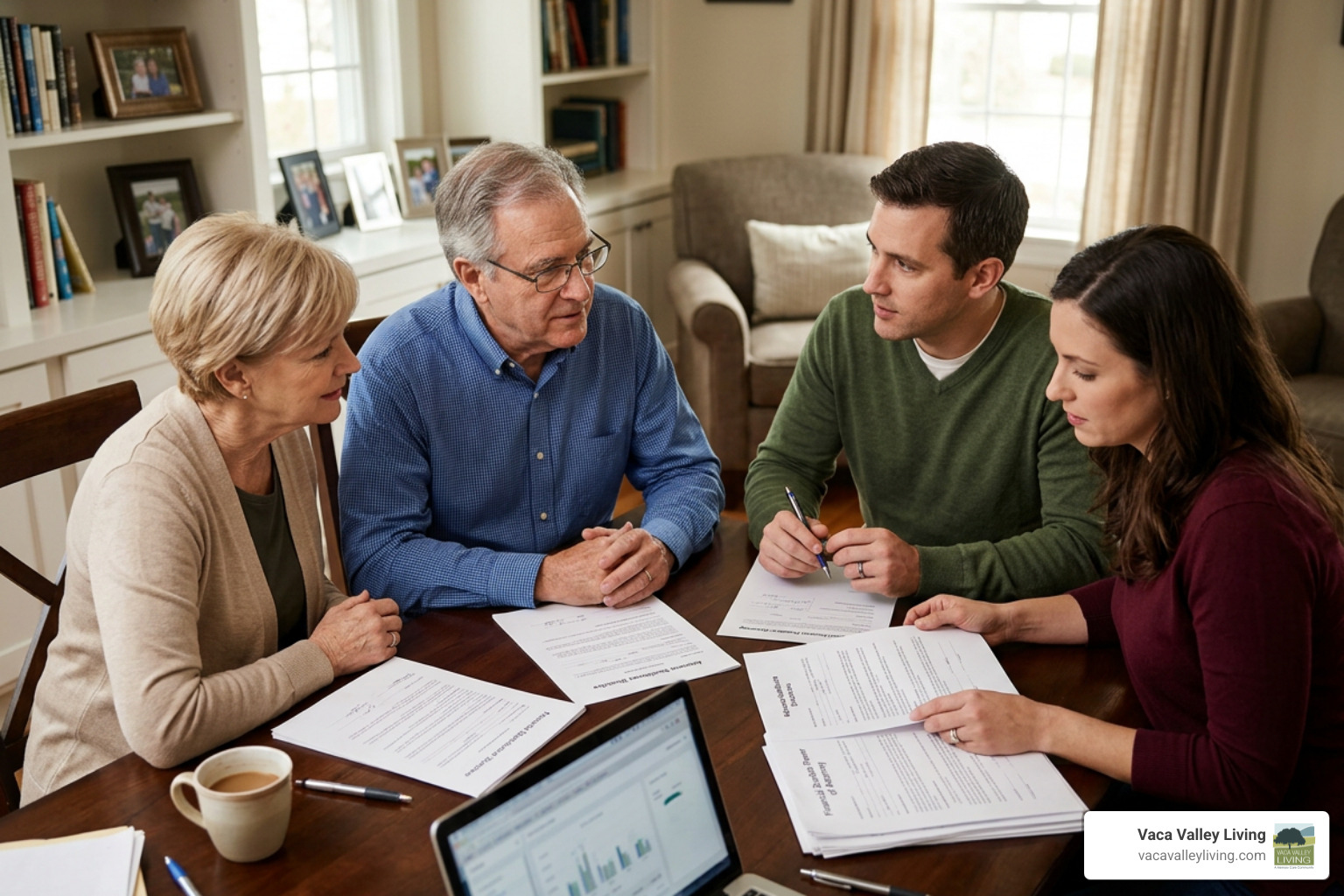 Family members reviewing advance healthcare directives and financial documents together Family members reviewing advance healthcare directives and financial documents together