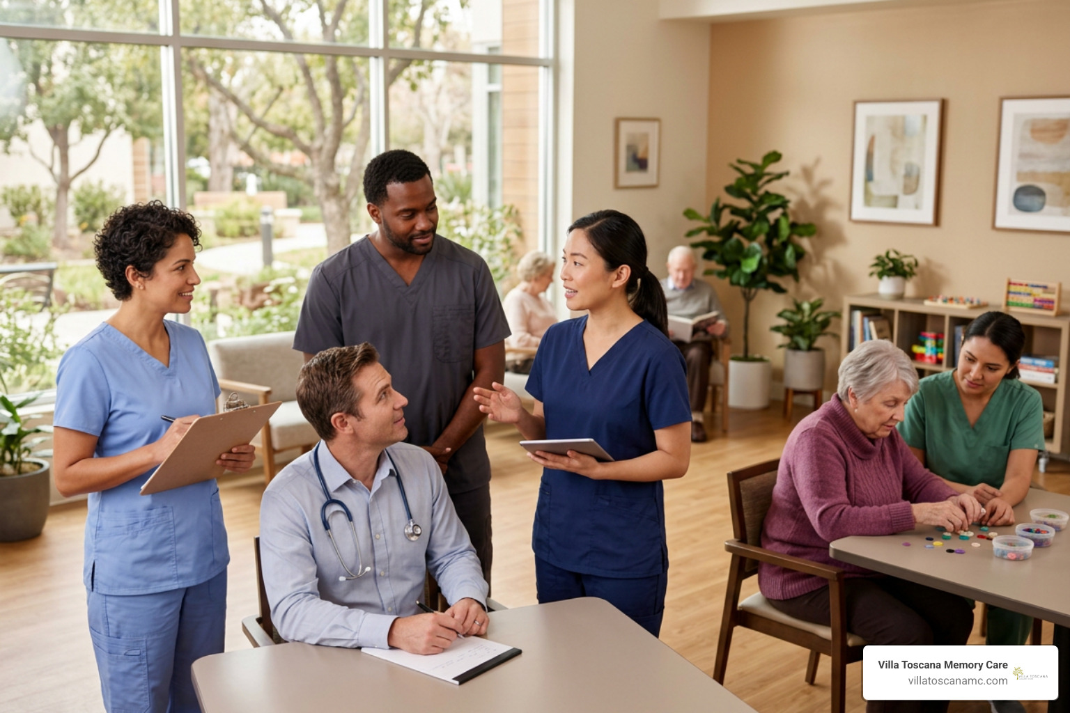 Care teams collaborating in a specialized memory care environment
