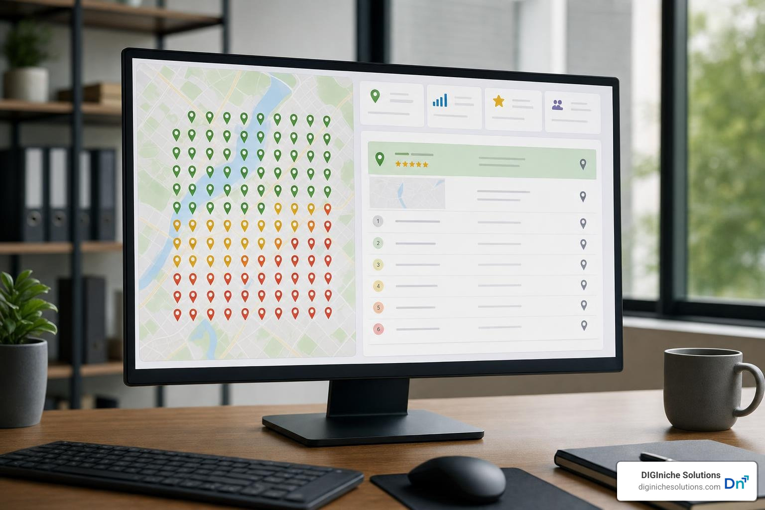 Geo-grid local rank tracker showing law firm Map Pack visibility