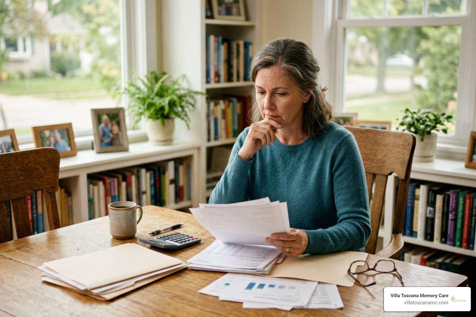 Caregiver reviewing senior care financing options and documents Caregiver reviewing senior care financing options and documents