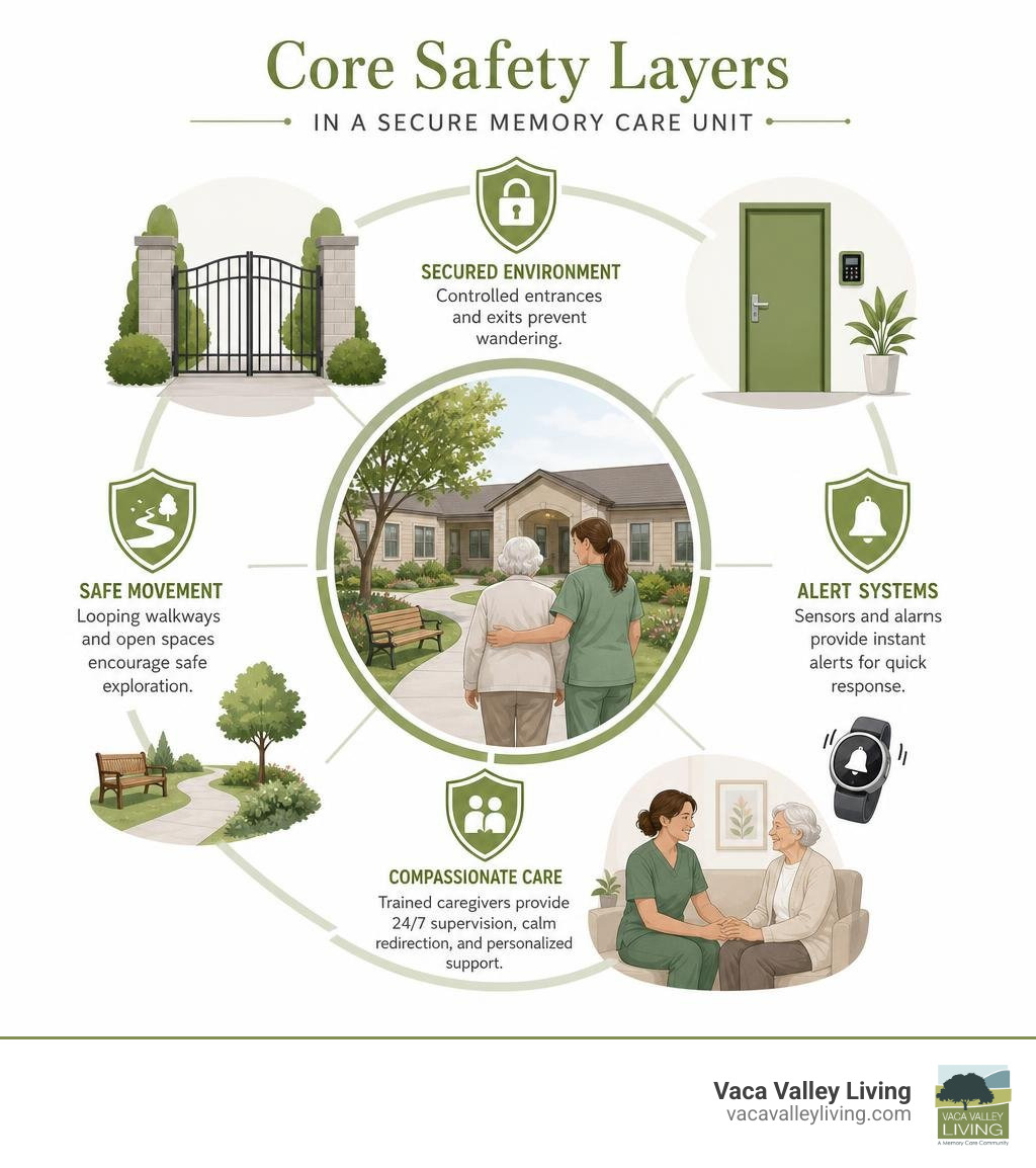 Core safety layers in a secure memory care unit infographic Core safety layers in a secure memory care unit infographic