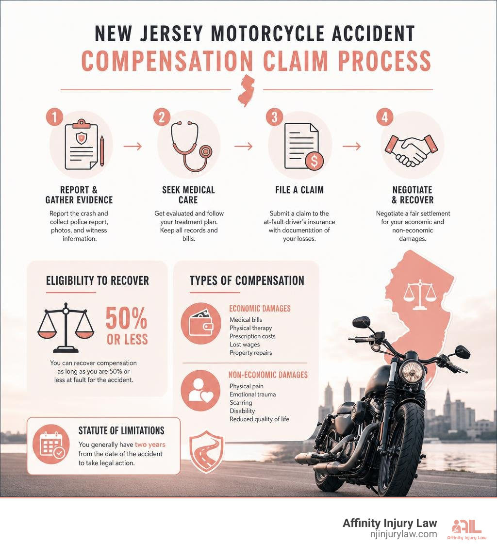 New Jersey motorcycle accident compensation claim process and eligibility infographic